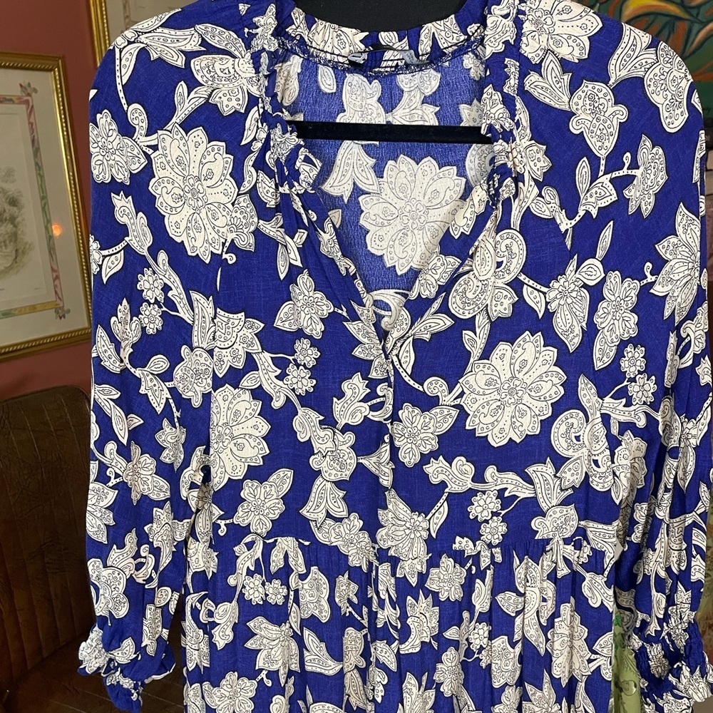 Zara Blue and White Floral Maxi Tiered Peasant Tent Dress. Size XS. Retail $100 - Picture 7 of 8